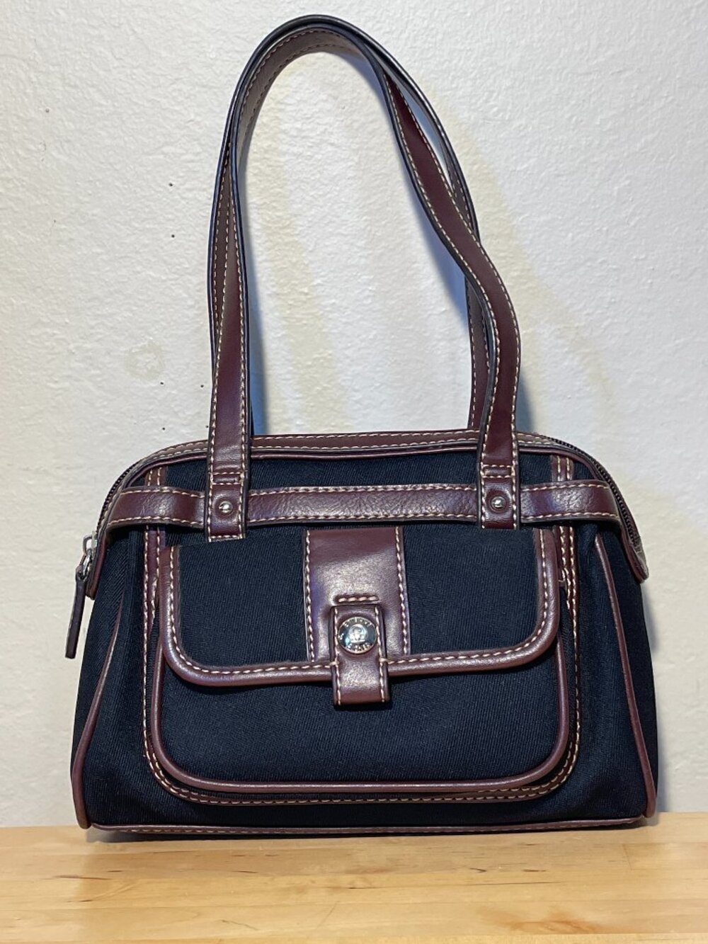 Etienne Aigner Vintage Black Canvas & Brown Leather Shoulder Bag